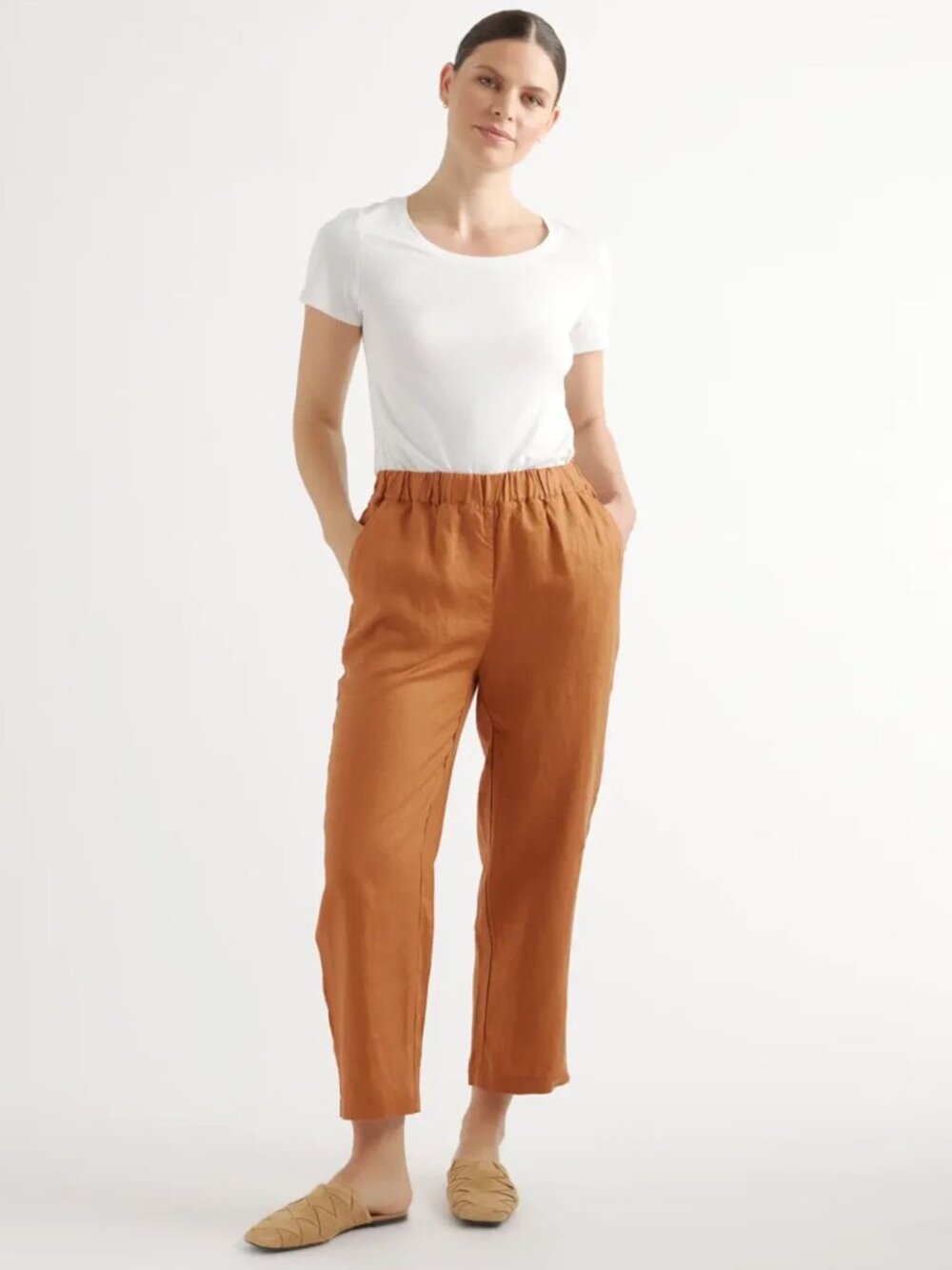 Quince 100% European Linen Pants in Terracotta Orange small
